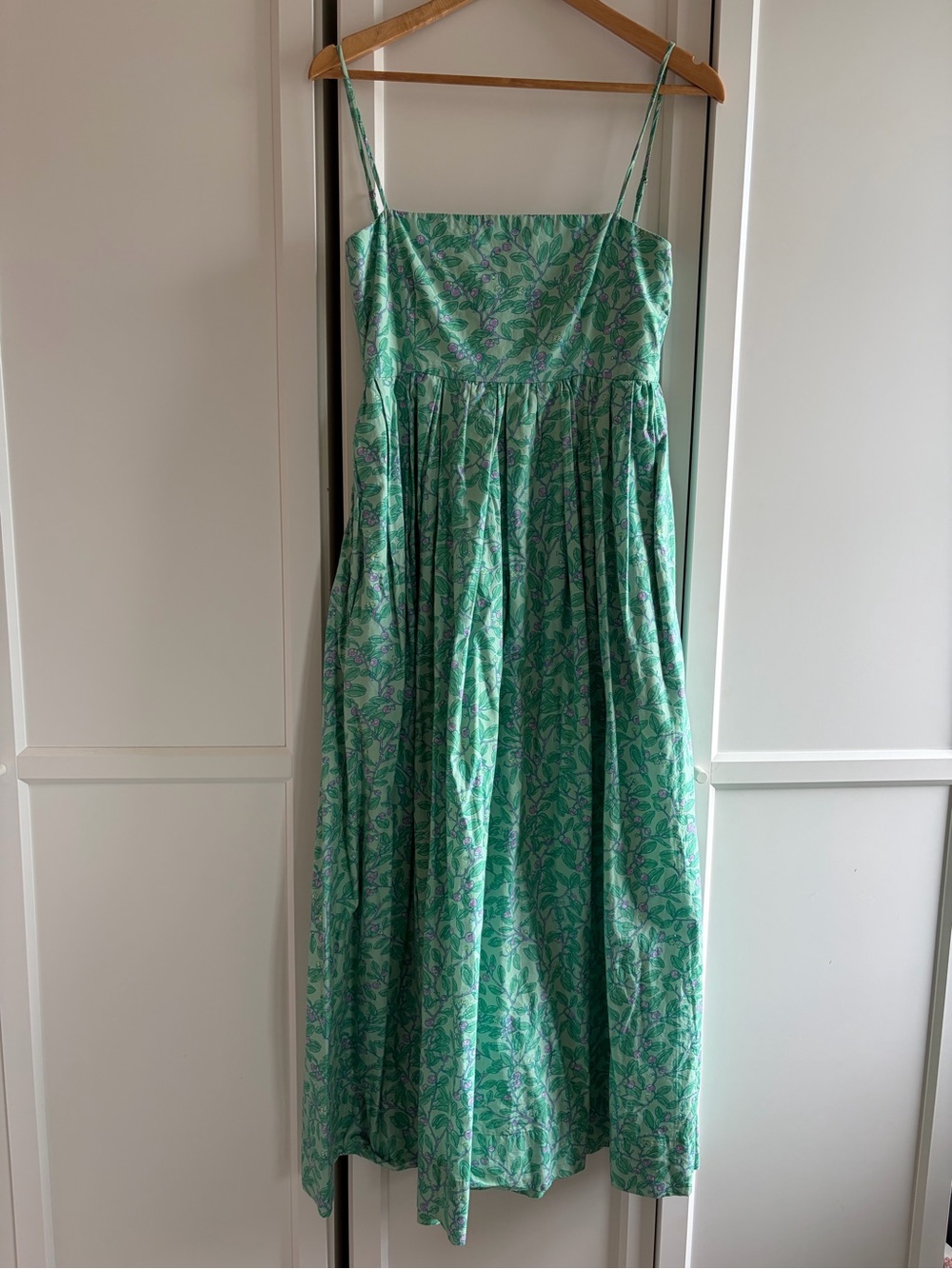 Coco Shop Skinny Strap Poof Dress, Green Floral Spaghetti-Strap Midi Dress